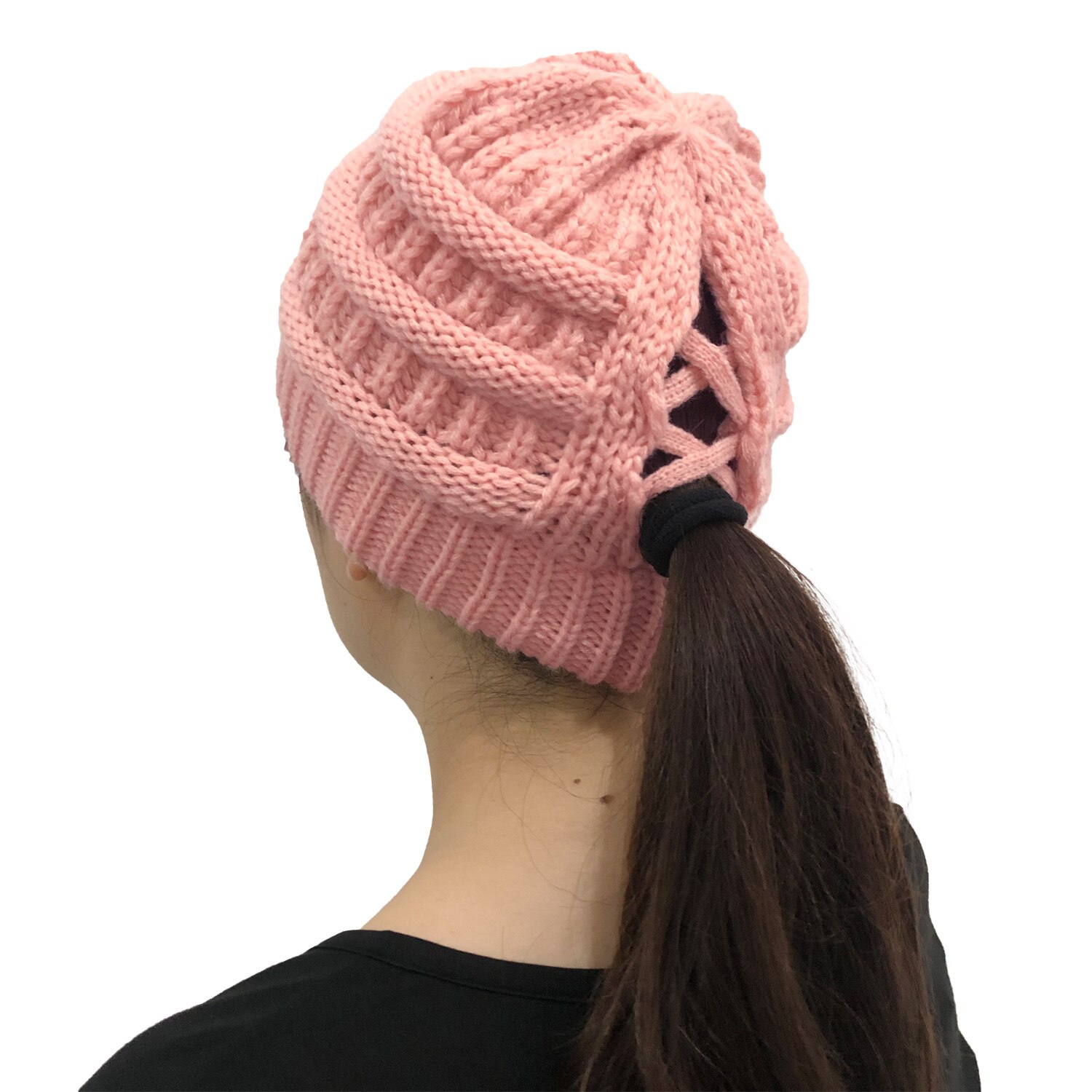 Winter Hats For Women Pompom CC Beanie Horsetail Caps Cross Criss Ponytail Hat Girls Warm Knitted Thick Outdoor Ski Cap