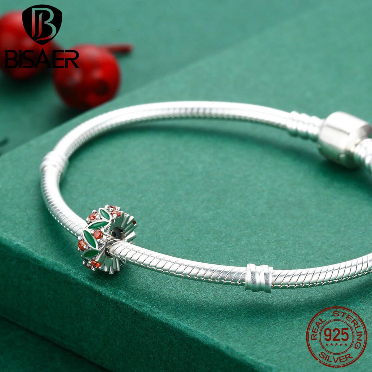 925 Sterling Silver Christmas Tree Spacer Beads Green Flower Charms Fit BISAER Bracelets Sterling Silver Jewelry ECC317