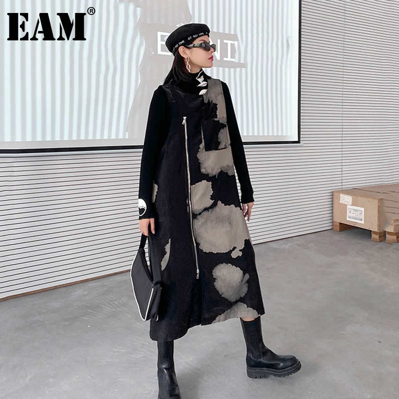 [EAM] vestido de temperamento largo estampado con negro para mujer, cuello redondo sin mangas, ajuste suelto, Primavera otoño 1DA260