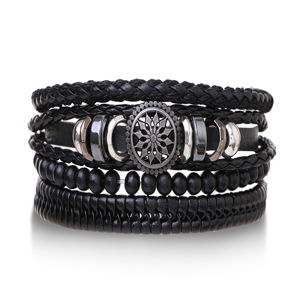 Ifmia Zwarte Mannen Armbanden Vintage Multilayer Leather Braid Armbanden Armbanden Leaf Handgemaakte Rope Wrap Armbanden Mannelijke Jewlery: IF4911492