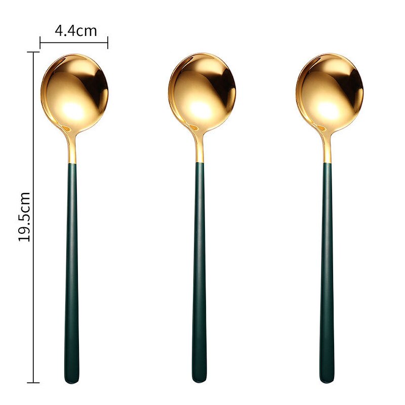 Ensemble de cuillères à thé à Long manche en or, 3 pièces, cuillères à thé en acier inoxydable de alimentaire, pour Dessert, café et crème glacée, accessoires de cuisine: 3pcs green gold