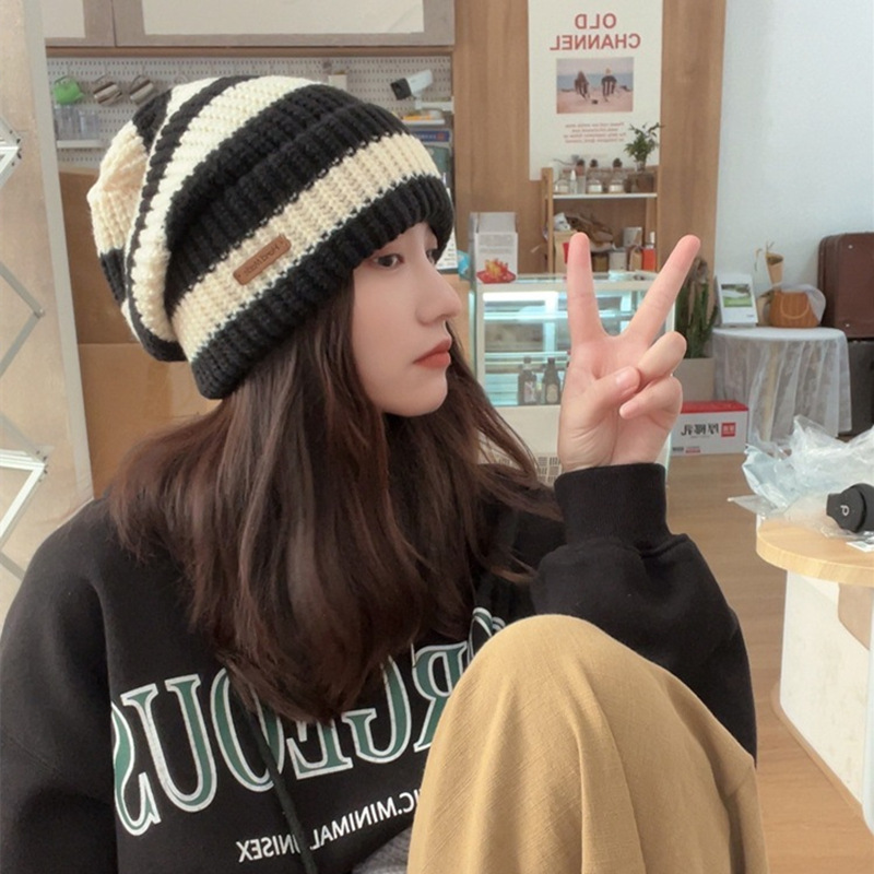 Girl Knitted Beanie Hat Woman Skullies Beanies Winter Warm Hats Bonnet Striped Wool Caps Soft Baggy Beanies gorro