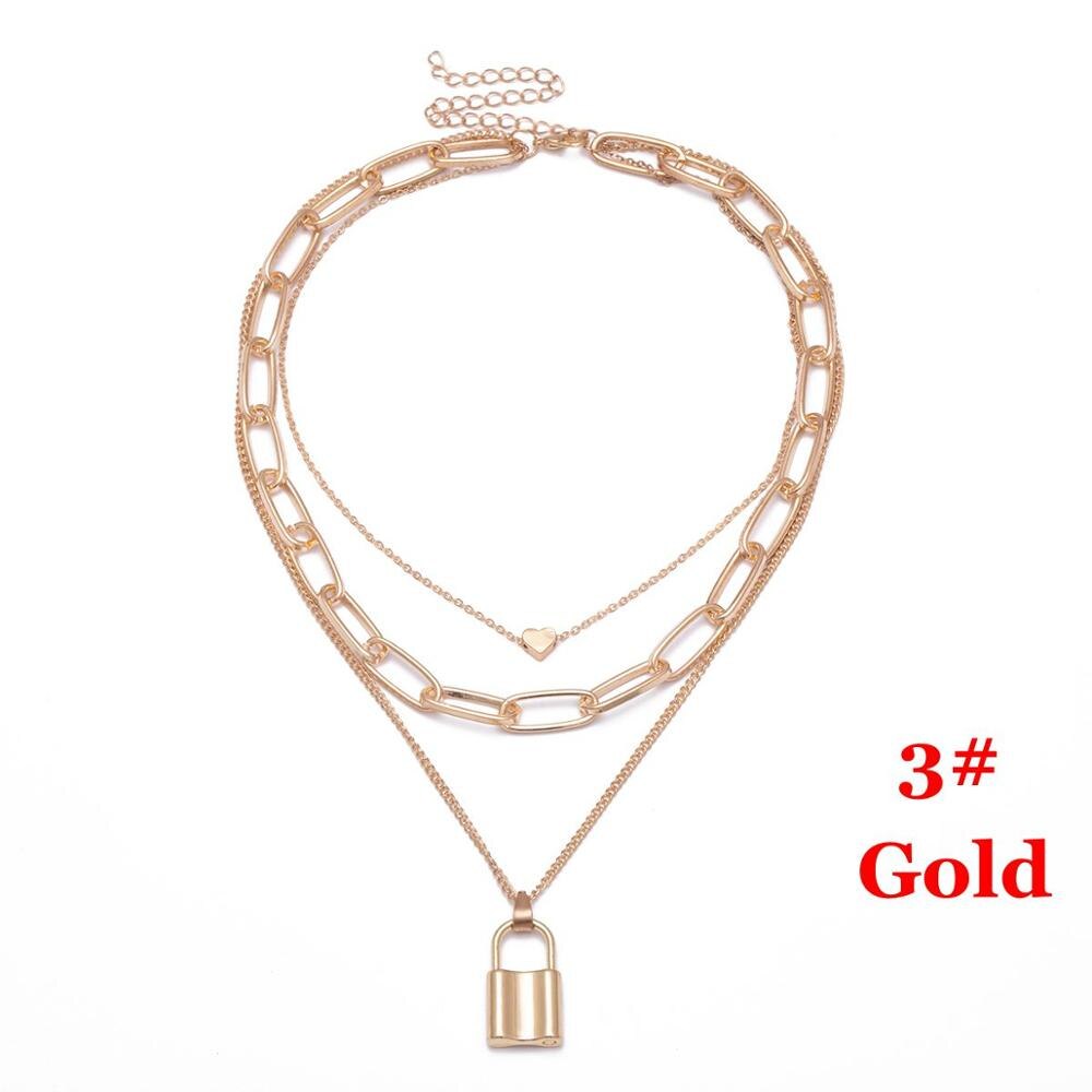 1Pcs Punk Jewelry Gold Silver Color PadLock Pendant Necklace Stainless Steel Rolo Cable Chain Necklace: 4-3-Gold