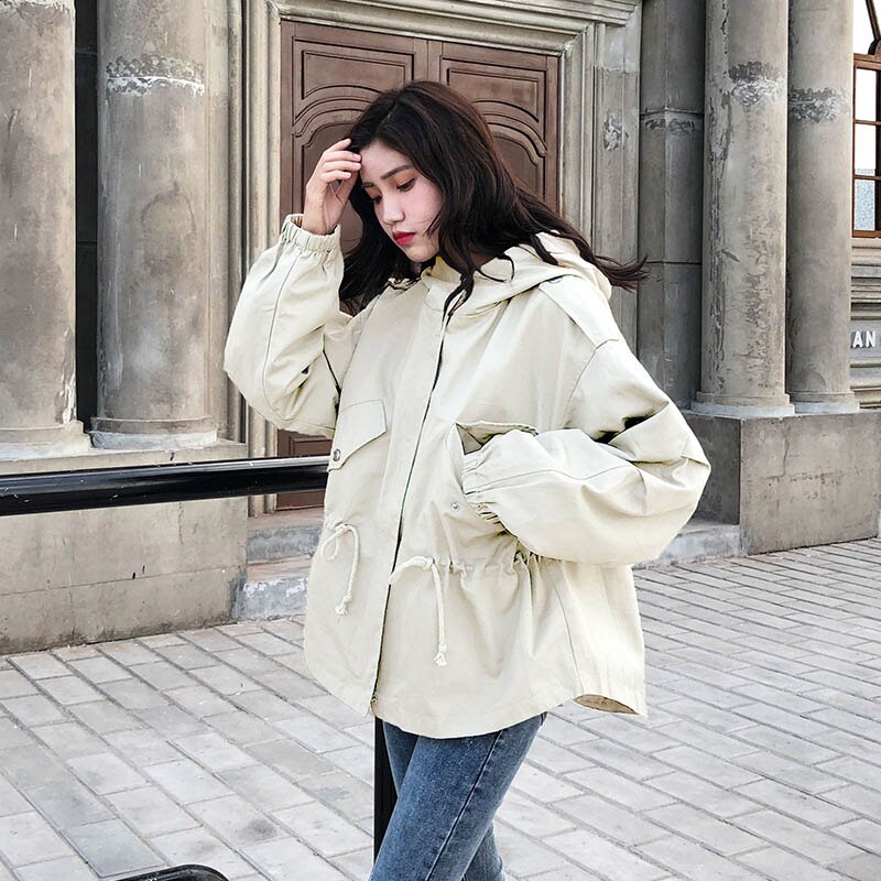 Loose Trend Trench Coat Spring Autumn Women's Hooded Harajuku Short Section Windbreaker Outerwear Female Casual Trench Coat