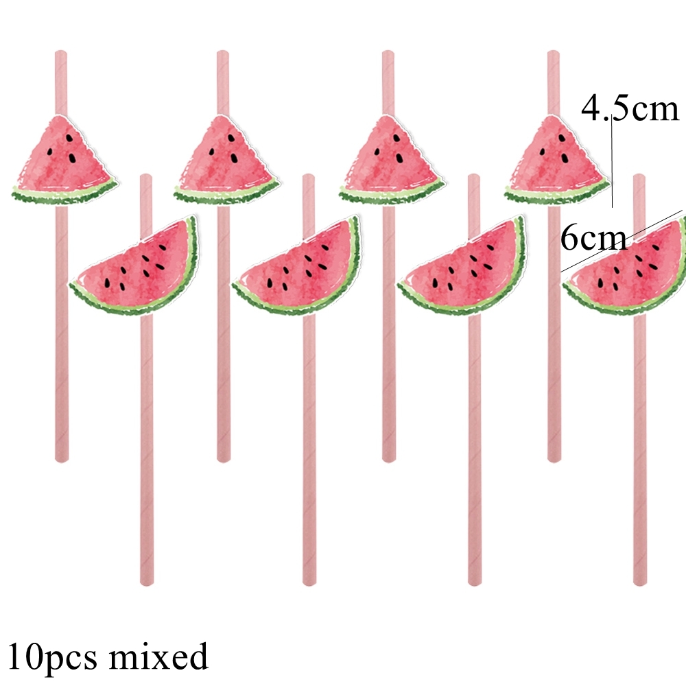 1 set watermeloen eco-papieren rietjes hangende banner taarttoppers voor zomerse watermeloen verjaardagsfeest decoratie kinderspullen: Pruim