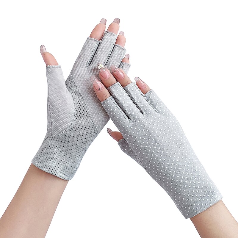 Guantes finos de algodón sin dedos para mujer, antideslizantes, transpirables, protectores solares, elásticos, de medio dedo para conducir, Verano: Gris