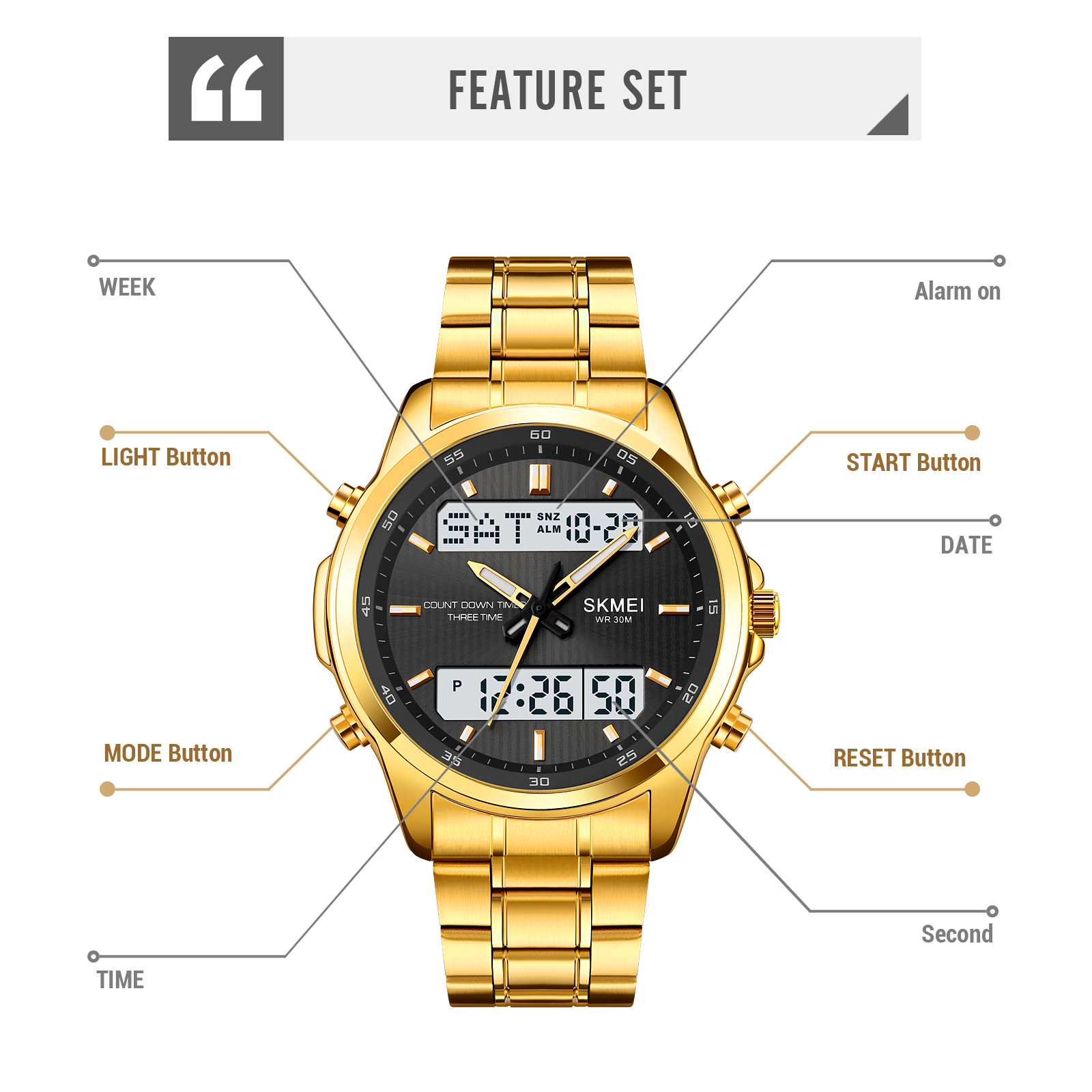 Skmei 3- timmars nedräkningstimer digitala armbandsur herr bakgrundsbelyst display sportklocka vattentät stoppur väckarklocka