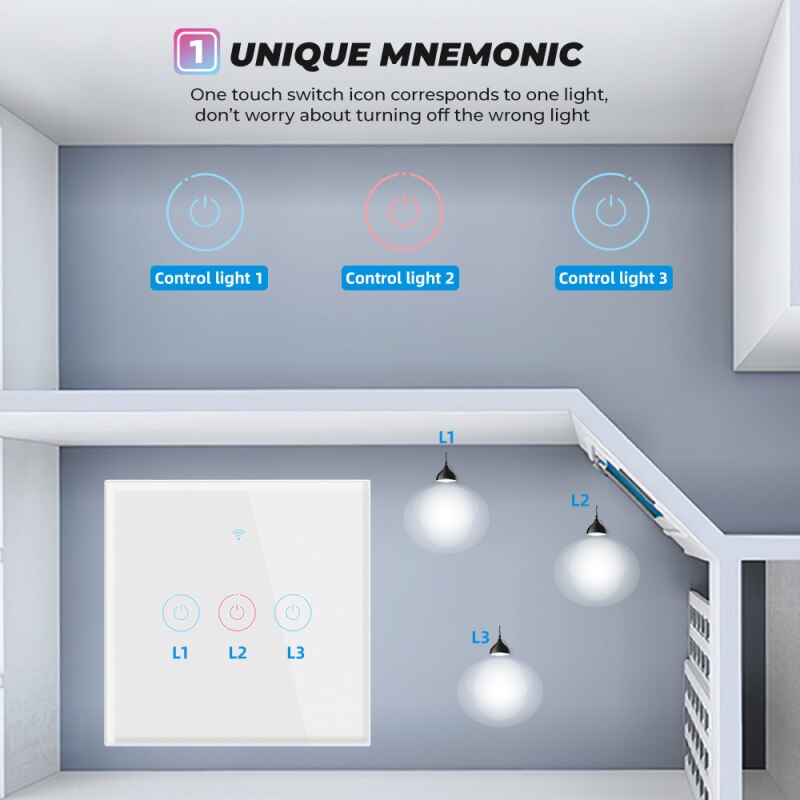 Controlador de luz de pared inteligente para el hogar, pulsador táctil inteligente Wif con control remoto EU 1/2/3 Gang 1 Way, funciona con Alexa, Google Home, Tuya Smart Life