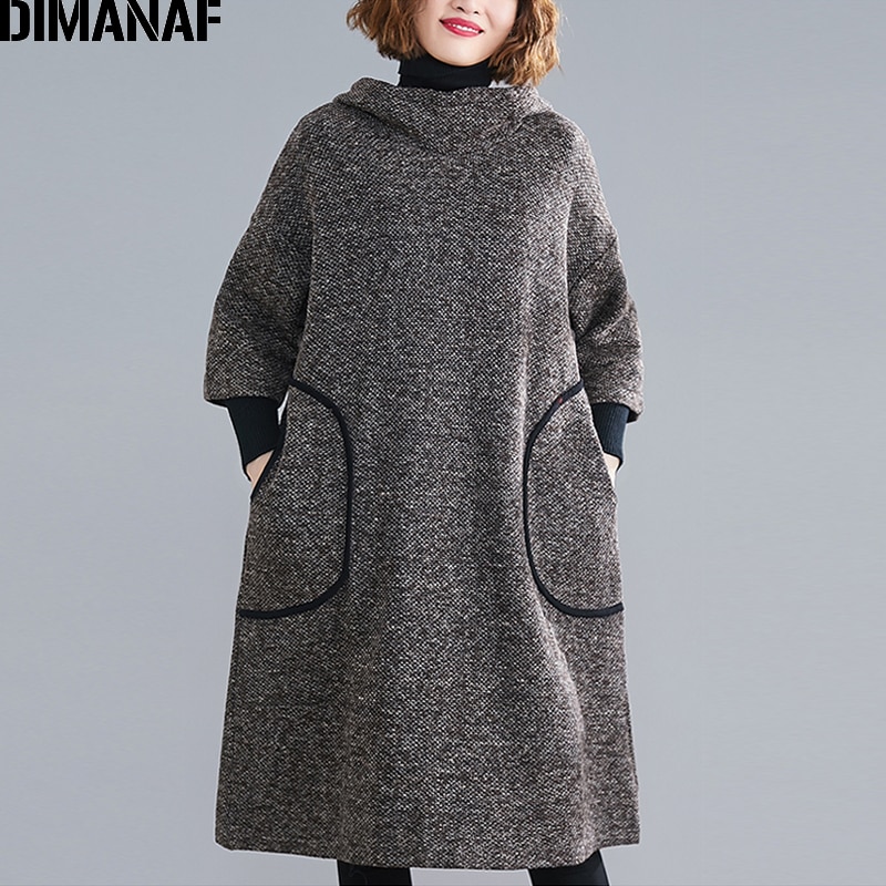 DIMANAF Plus Size Vrouwen Jurk Vintage Herfst Winter Dikke Oversized Losse Vrouwelijke Vestidos Casual Capuchon Zakken Knielange Jurk