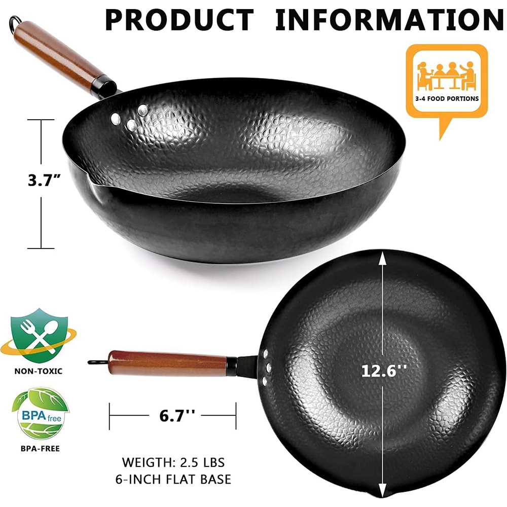 32cm wok-pande i kulstofstål, wok- og wokpander, uden kemikaliebelægning, fladbundet kinesisk wokpande til induktion, gaskomfurer, alle