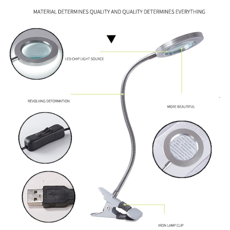 6XDD 10X Magnifying Glass Lamp with Light Magnifier Light with Clip Adjustable Flexible Magnifying Lamp with USB Powered