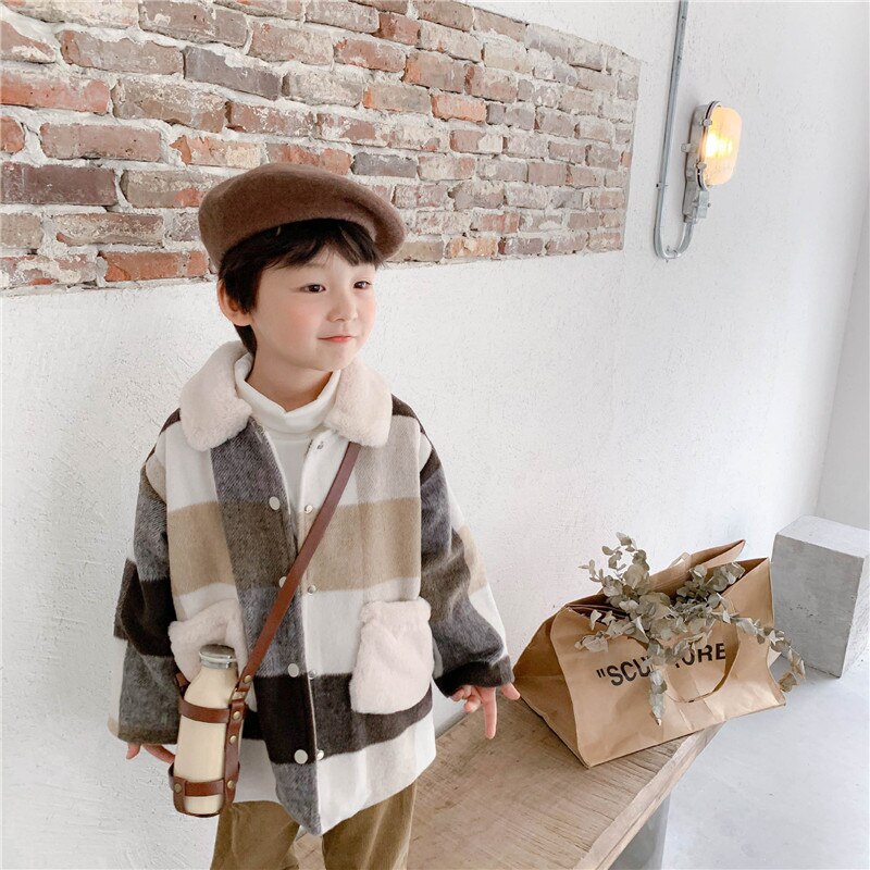 Winterjongens wollen geruite jassen 1-6 jaar omslagkraag enkelrijs bovenkleding kinderen jongens warme casual jassen: Koffie / 3t