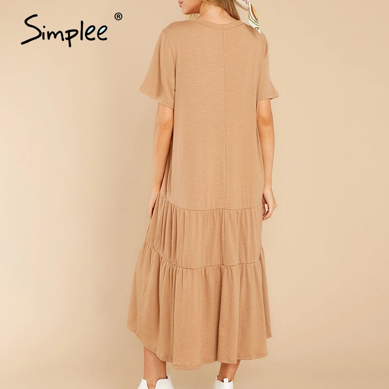Simplee Aline ethnic soild color loose women dress Summer causel cozy dress for ladies chic female dress: Camel color / L