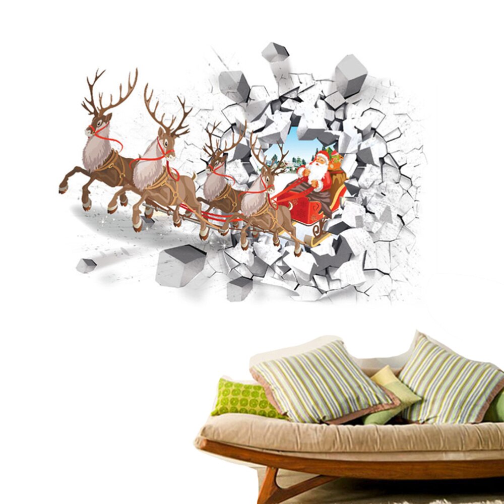 Christmas Wall Stickers 3D Santa Claus Reindeer Car Removable Wall Decals for Bedroom Living Room Restaurant Office Dec