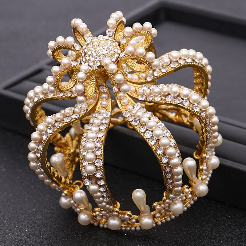 Coroa de noiva, endereço de cabeça de noiva com cristal barroco coroa de pérolas dourada coroa redonda queen tiara festa de aniversário acessórios de casamento