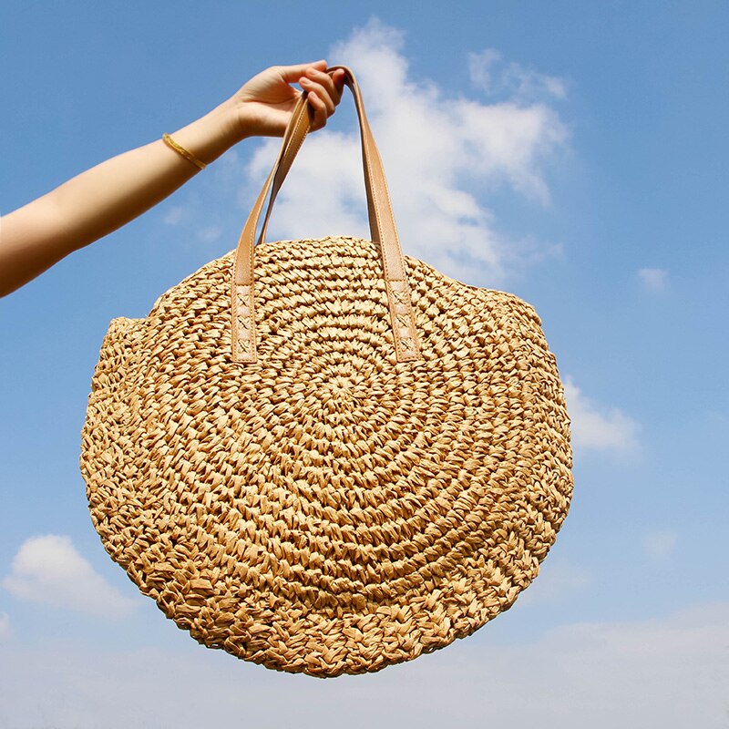 Ronde Stro Strandtas Vintage Handgemaakte Geweven Schoudertas Raffia Cirkel Rotan Zakken Bohemian Zomervakantie Casual Tassen