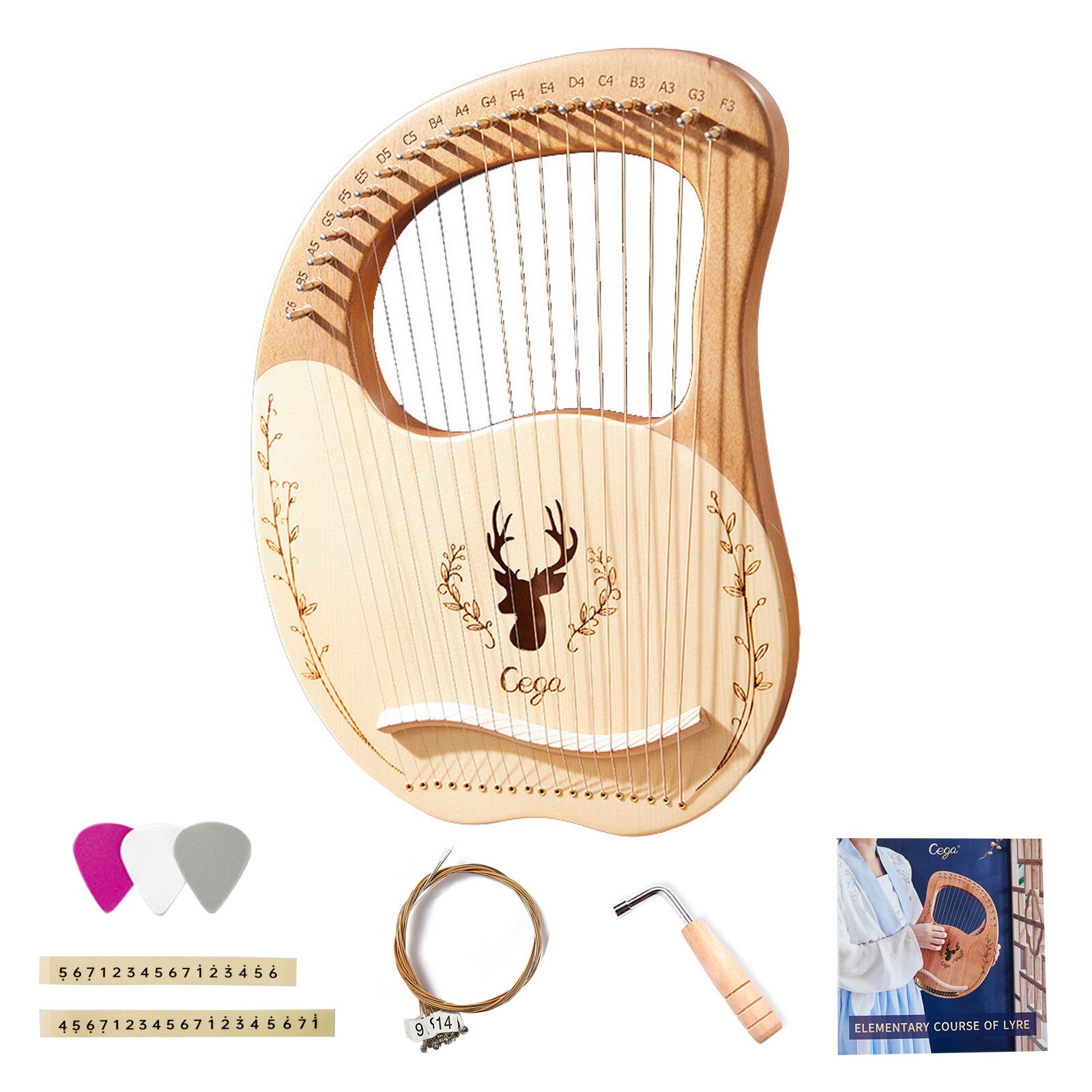 Caja de arpa de Lira de madera de 19 cuerdas, instrumento de cuerda con llave de afinación, 3 uds., púas, instrumentos de cuerda: Natural