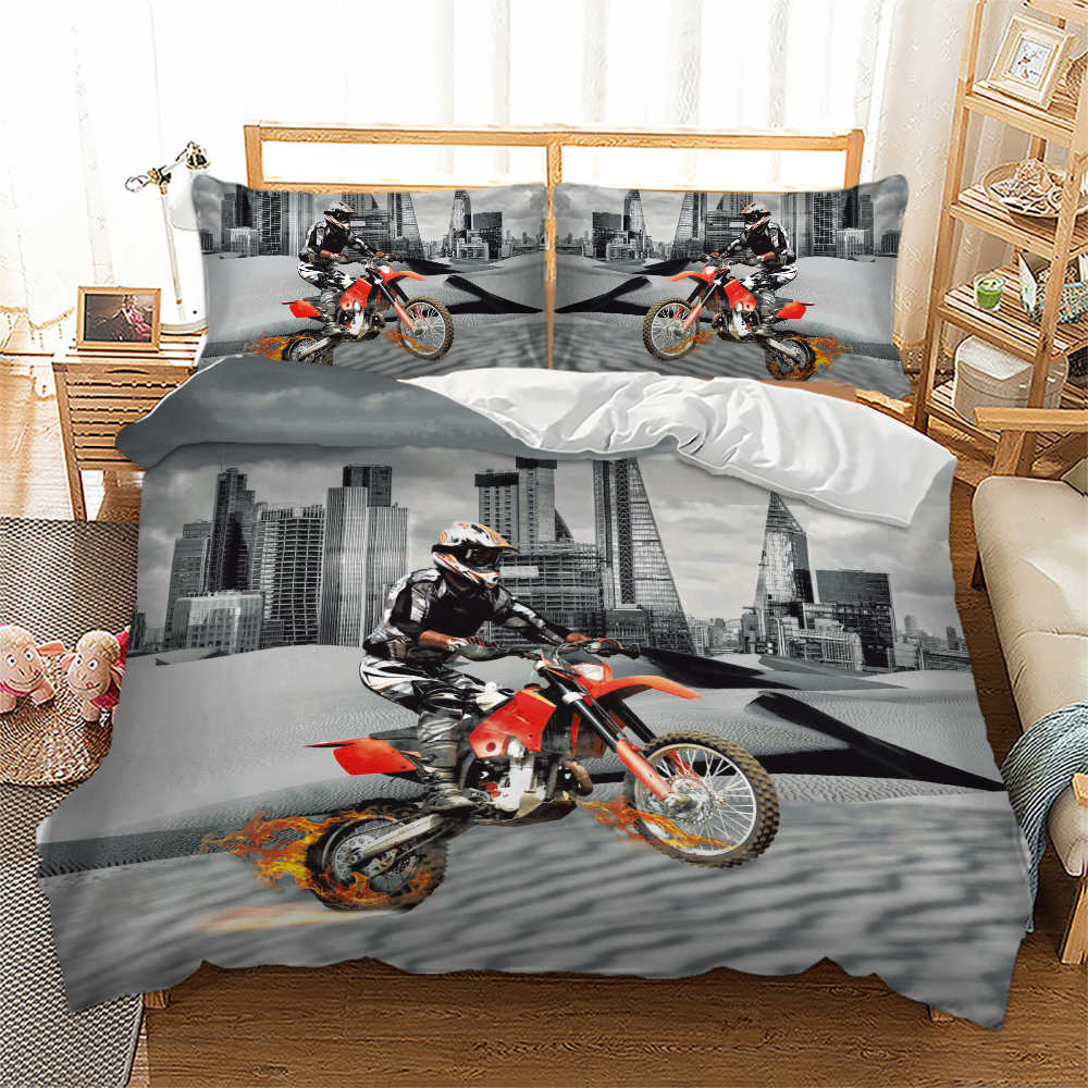 Juego de cama gris con estampado de moto, funda de edredón de tamaño Queen, funda de almohada, ropa de cama para el hogar, ropa de cama King Size 3D
