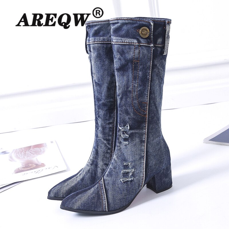 Sexede jeansstøvler dame ankelrør kvinder kort støvle vinter mellemhæl denimstøvle dame stilfulde jeansstøvler lynlåssko cowboy