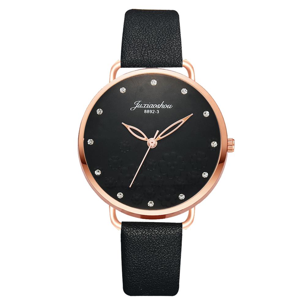 Frauen Diamant Uhr Blumen Runden Zifferblatt Armbinde Uhren einstellen Damen Leder Band Quarz Armbanduhr Weibliche Uhr Zegarek Damski: 1pc Schwarz