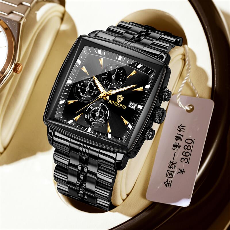 Miesten kello, valoisa, vedenpitävä, kronografi, päivämääränvalvojan rannekello, neliönmuotoinen, ruostumattomasta teräksestä valmistettu kvartsi miesten kellot, reloj: Monivärinen