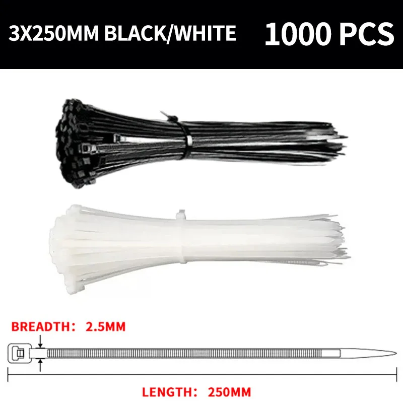 Brida de nailon autoblocante para cables, bridas de plástico Blanco/Negro, resistente a altas temperaturas, 1000 piezas