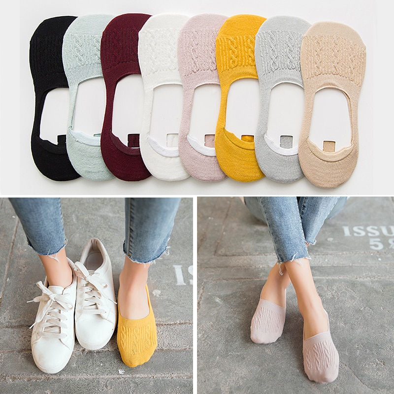 Candy Color Invisible Non-slip Low Cut Socks Women Casual Cotton Breathable Ankle Boat Socks 5Pairs