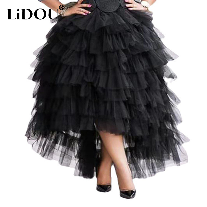 Vintage Zweet Mesh Plus Size Rokken Vrouwen Casual Verse Effen Kleur Jurk Fishtail Pluizige Ruches Rok Vrouwen Vestidos De fiesta