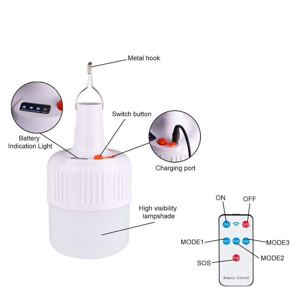 Portable LED Light Bulb Solar Remote control Rechargeable Emergency Light Bulb Hook Night Light Outdoor Camping Fishing