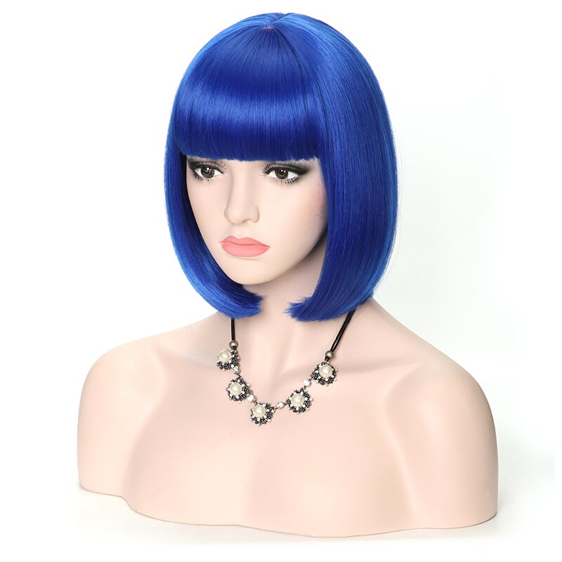 Lanyi kort lichtrood steil bobkapsel met pony synthetisch haar voor vrouwen 12 cm hittebestendige vezels dagelijkse natuurlijke pruiken: Saffierblauw