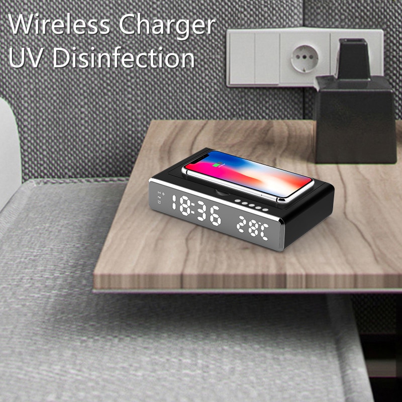 Wireless Charger UV Disinfection LED Mirror Mobile Phone Charger Alarm Clock Wireless Charger Digital HD Clock Phone