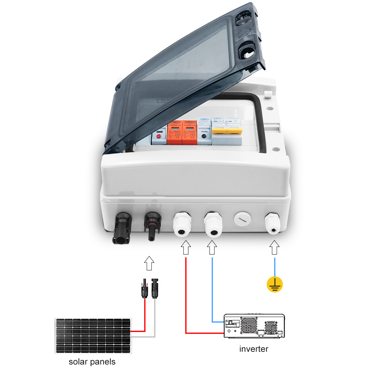 Caja combinadora Solar fotovoltaica PV con protección contra rayos 1 entrada 1 salida DC 600V fusible MCB SPD caja impermeable IP65