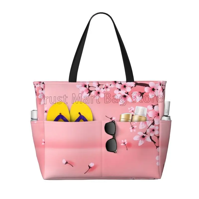 Grote strandtas met japanse sakura-kersenbloesems voor dames, waterdicht en zandbestendig, met ritssluiting, ideaal voor het zwembad, de sportschool en op reis.: Beige