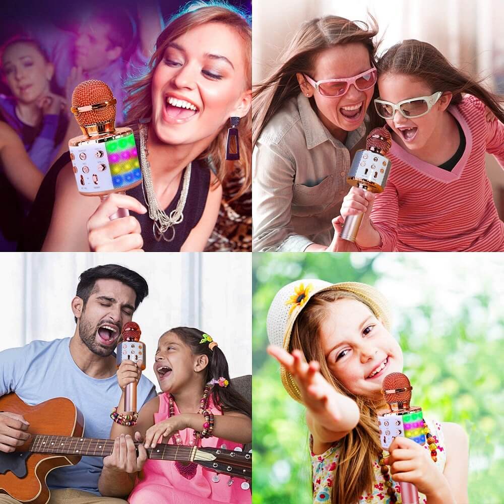 Wireless Bluetooth Karaoke Microphone with LED Lights Handheld Multifunction Speaker Rechargeable Li-Battery Best for Kids