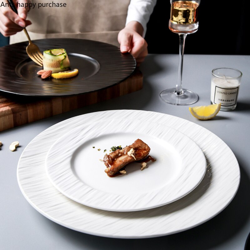 Simple Black White Ceramic Plate Restaurant Hotel Tableware Set Steak Pasta Dessert Plate Large Cooking Plate Kitchen Utensils