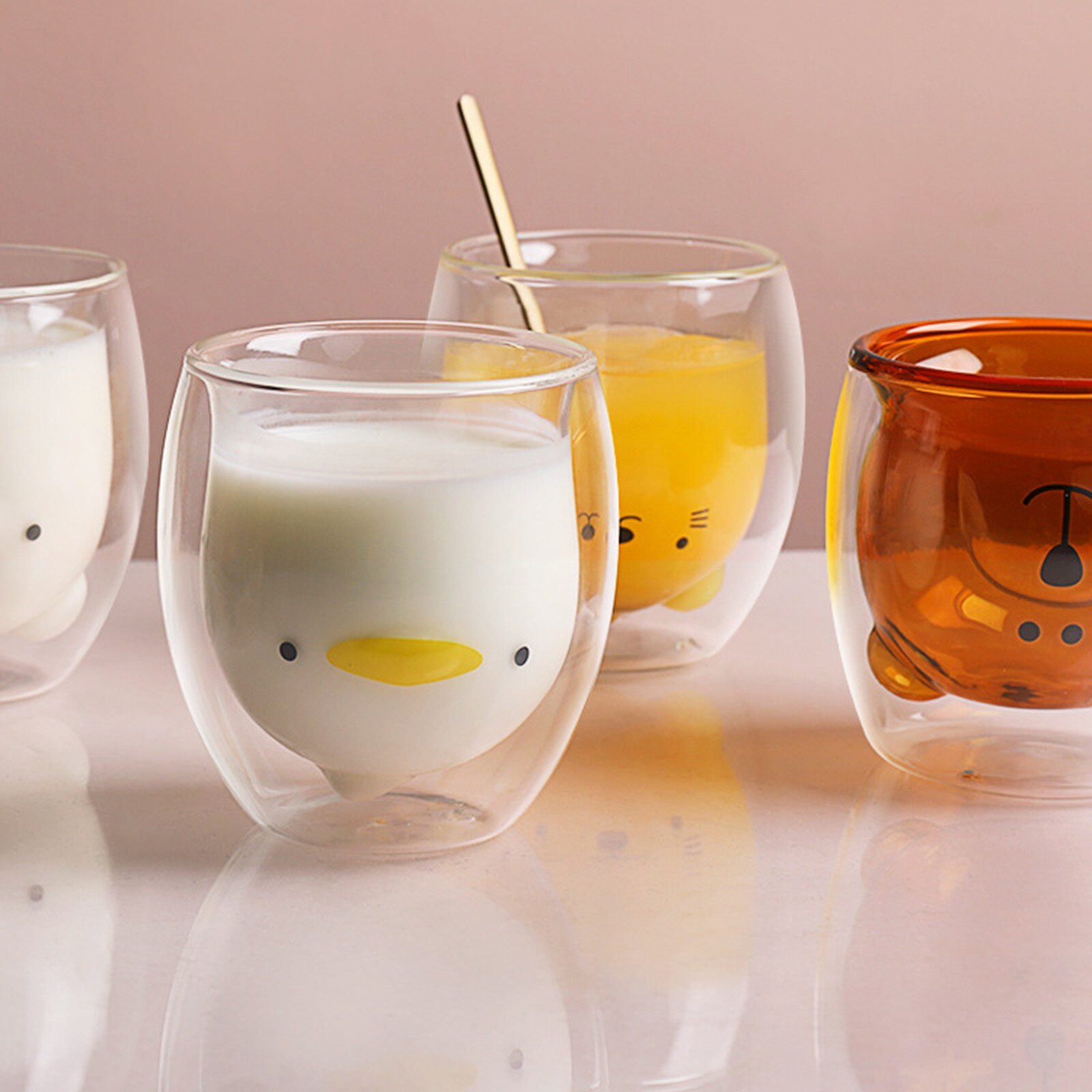 40# Lovely Glass Mugs Bear Cat Dog Animal Double-layer Tea Milk Coffee Cup With Round Mouth Prevent Scald Cartoon Glass