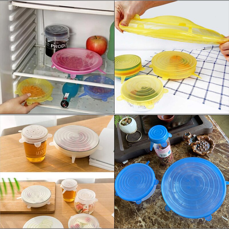 6pc universal silicon stretch lids Reusable lid Silicone food wrap bowl pot lid pan cooking Kitchen Cook Stopper Silicone Cover