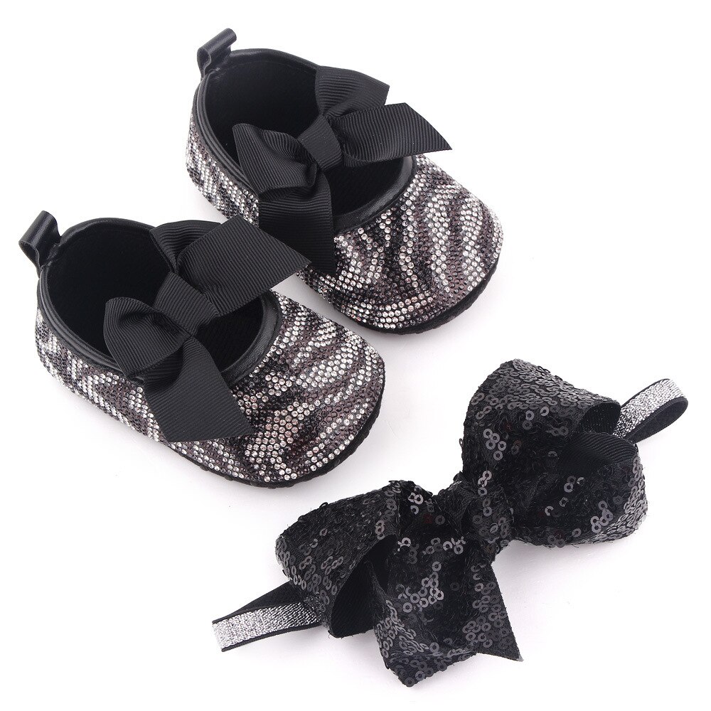 Scarpe per neonate Bling strass calzature per neonati neonato appartamenti per 1 anno regali per bambole cristiani con fascia a set: 5 / 0-6 mesi