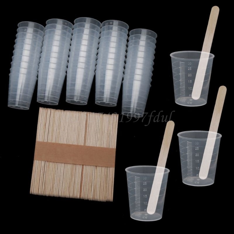 50Pcs 30ml Plastic Graduated Cups Clear Scale Cups with 50 Pcs Wooden Stirring Sticks for Mixing Paint Epoxy Resin Tools