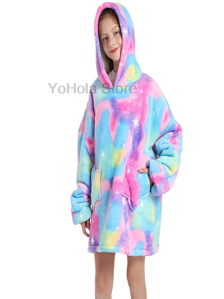 Volledige Mouwen Winter Badjas Fleece Hooded Cartoon Regenboog Eenhoorn Peuter Meisjes Pyjama Sofa Super Warm Wearable Deken Hoodie