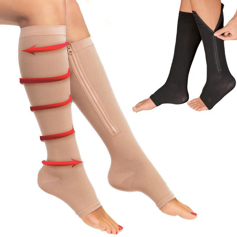 Medias de compresión con cremallera para hombre y mujer, calcetines largos de nailon con cremallera para rodilla, Unisex, con soporte para piernas, calcetines largos con punta abierta y presión elástica