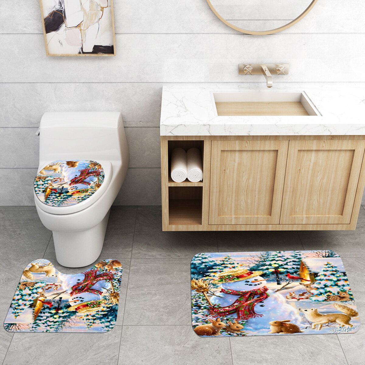 Waterdicht douchegordijn, badkamertapijt, luxe sneeuwpop konijn boom bedrukt schimmelwerend toiletdeksel