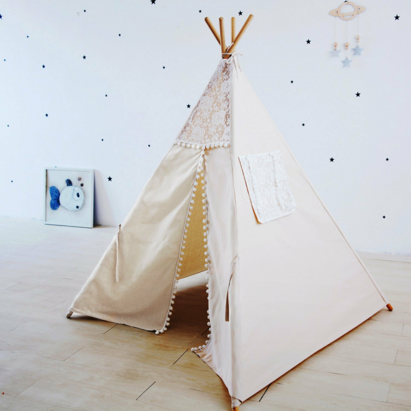 Natural Canvas Pom Pom Teepee Tent for Kids Play Tipi Tent Childrens Wigwam Tent