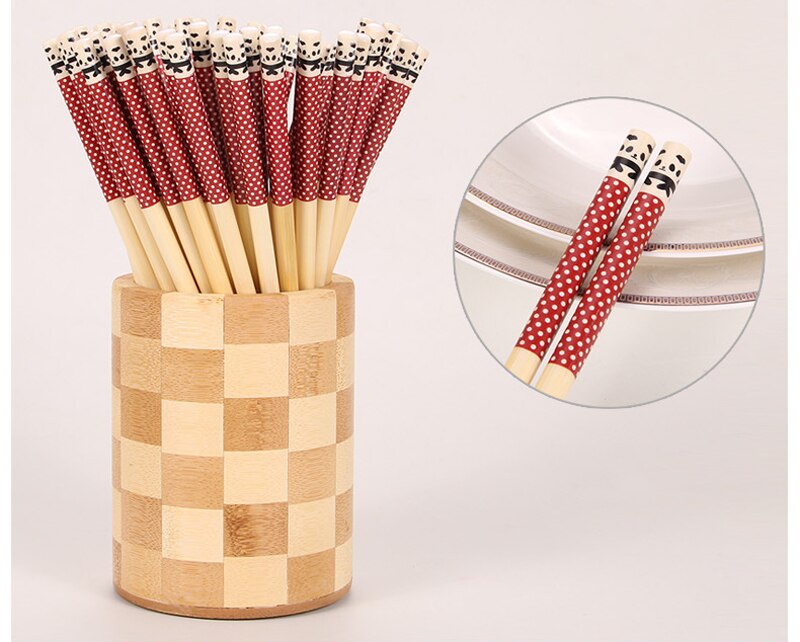 5 pièces/ensemble baguettes en bambou Panda Dot bois cuisine Restaurant cantine vaisselle réutilisable pour riz Sushi boeuf hacher bâtons cuisine: Red 5 Pairs
