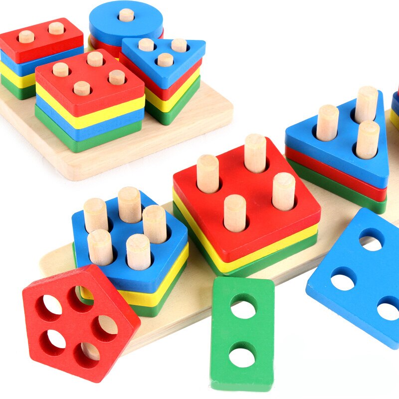 Colorful Geometric Shapes Matching Toys Hands-on Ability Four Columns Block Montessiri Wooden Educational Toy For Kids