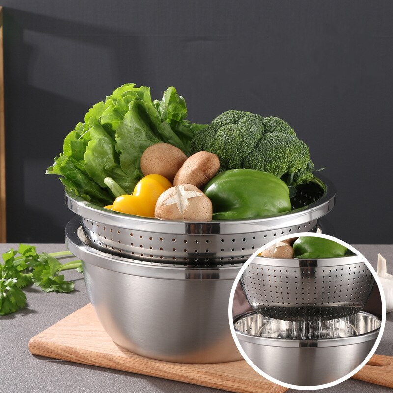 Stainless Steel Rice Sieve Washing Vegetables Basin Drain Basket Salad Egg Mixing Bowls Set Soup Basin Strainer Kitchen Utensils