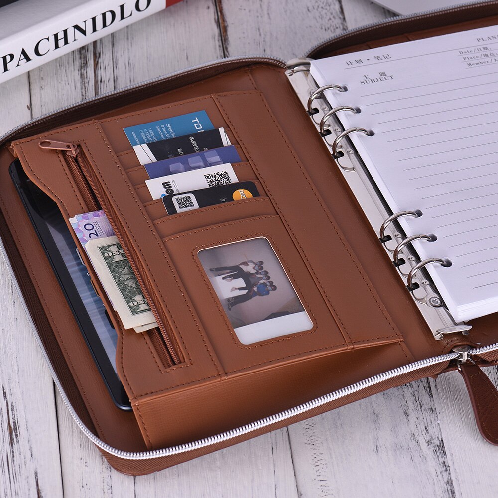 Aibecy Brown PU Leather Portfolio Business Portfolio Holder Organizer Folder Document Storage with Zippered