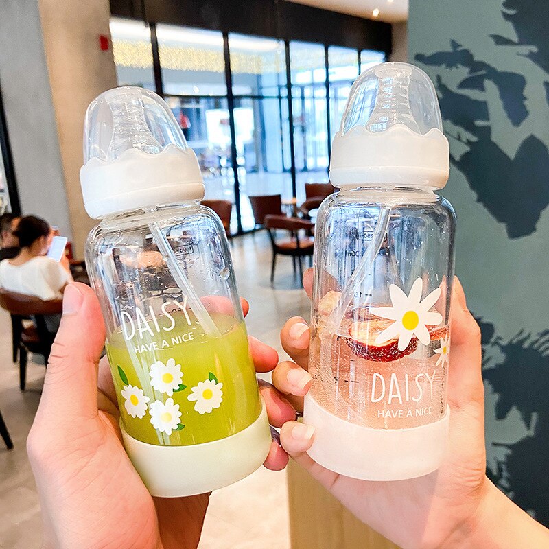 Straw Bril Met Deksel Glas Melk Fles Met Deksel Baby Flessen En Bekers Voor Kinderen Servies Toerisme Glazen Fles Met deksel