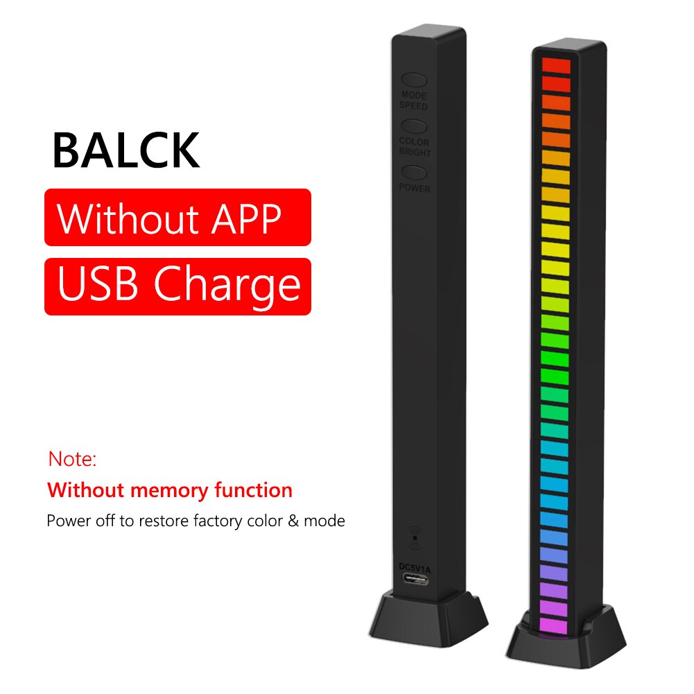 Lydkontrol lys app kontrol stemmeaktiveret pickup rytme lys led rgb farverig musik omgivende lys bar rytme lampe usb: Sort 5v stik
