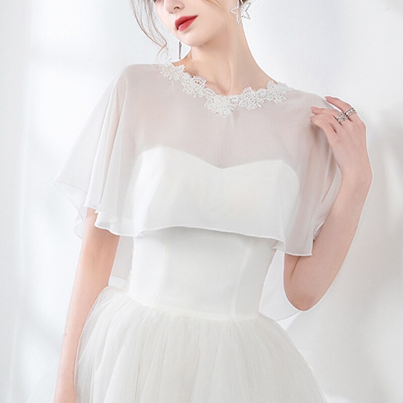 Cape en mousseline de soie pour femmes, châle doux et léger pour mariée, col rond, longue tenue de soirée: Ivory